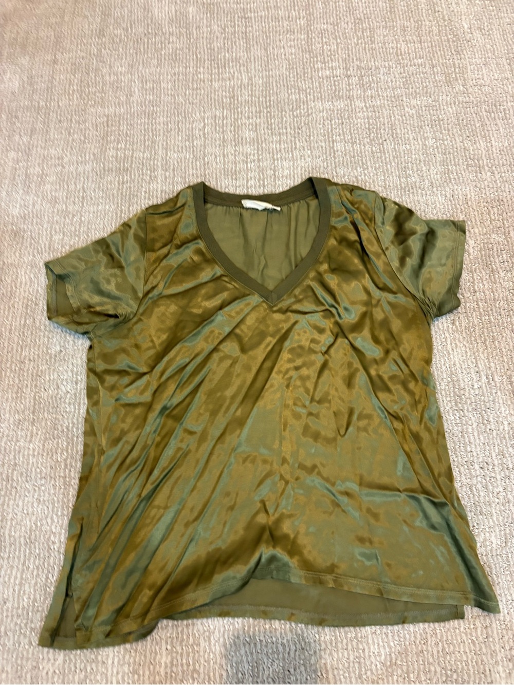 Nation LTD Olive Green Satin V-Neck Short Sleeve Top
